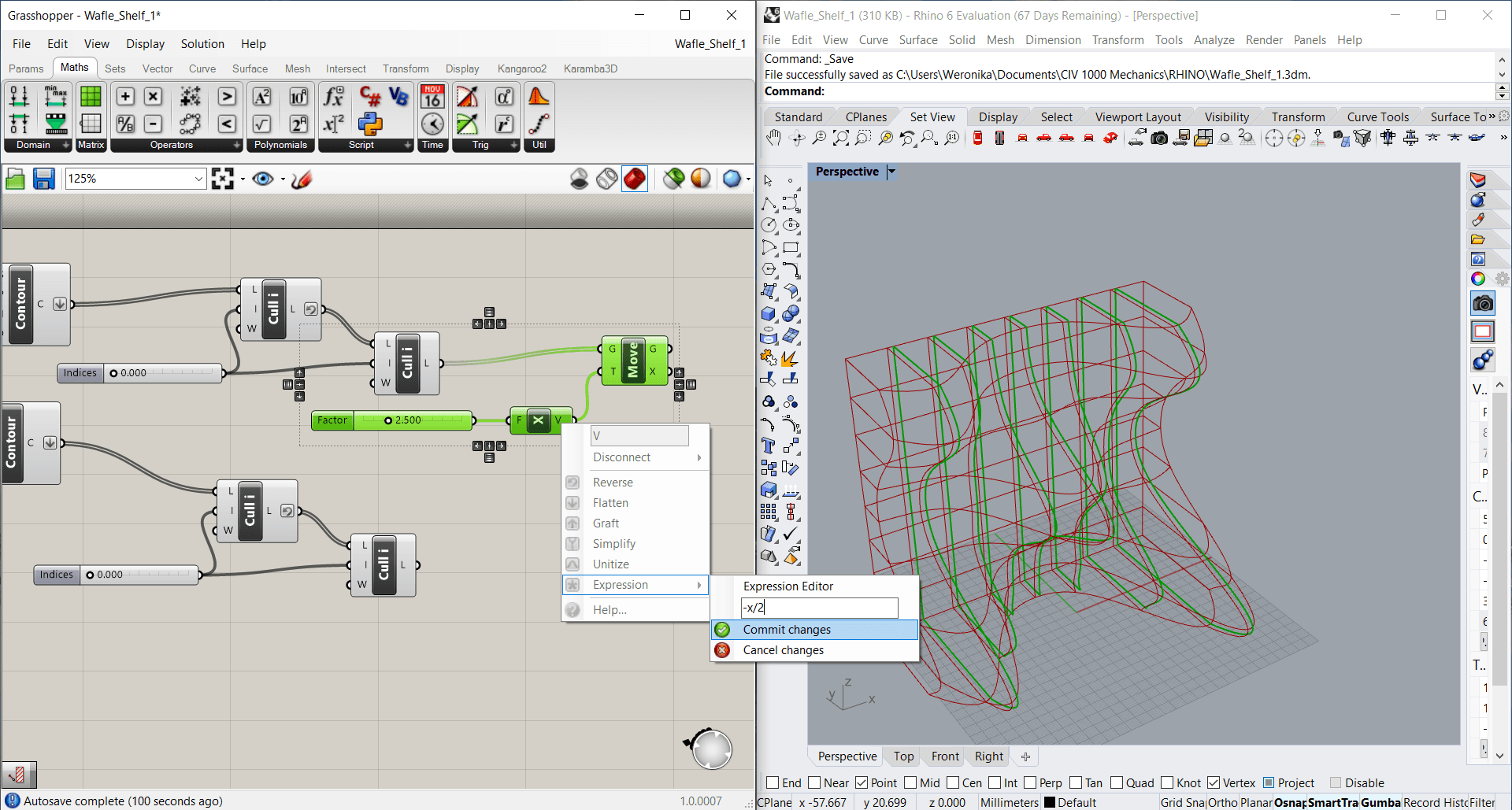 Using the 'Move' component in Grasshopper.