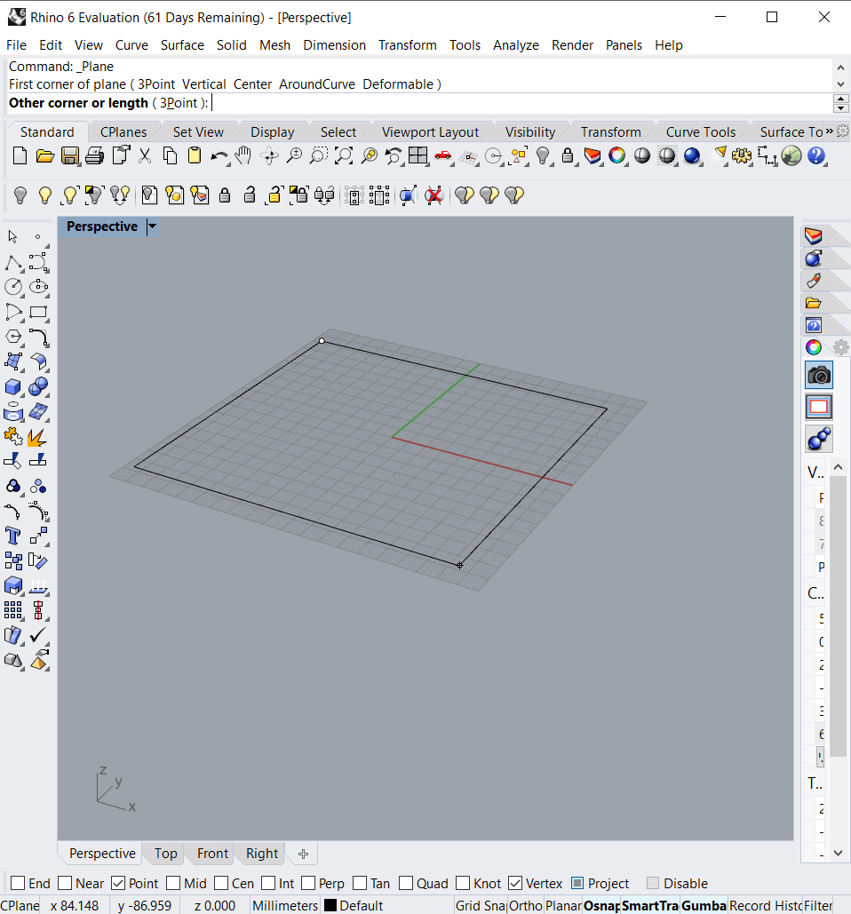 Using the rectangular plane command in Rhino.
