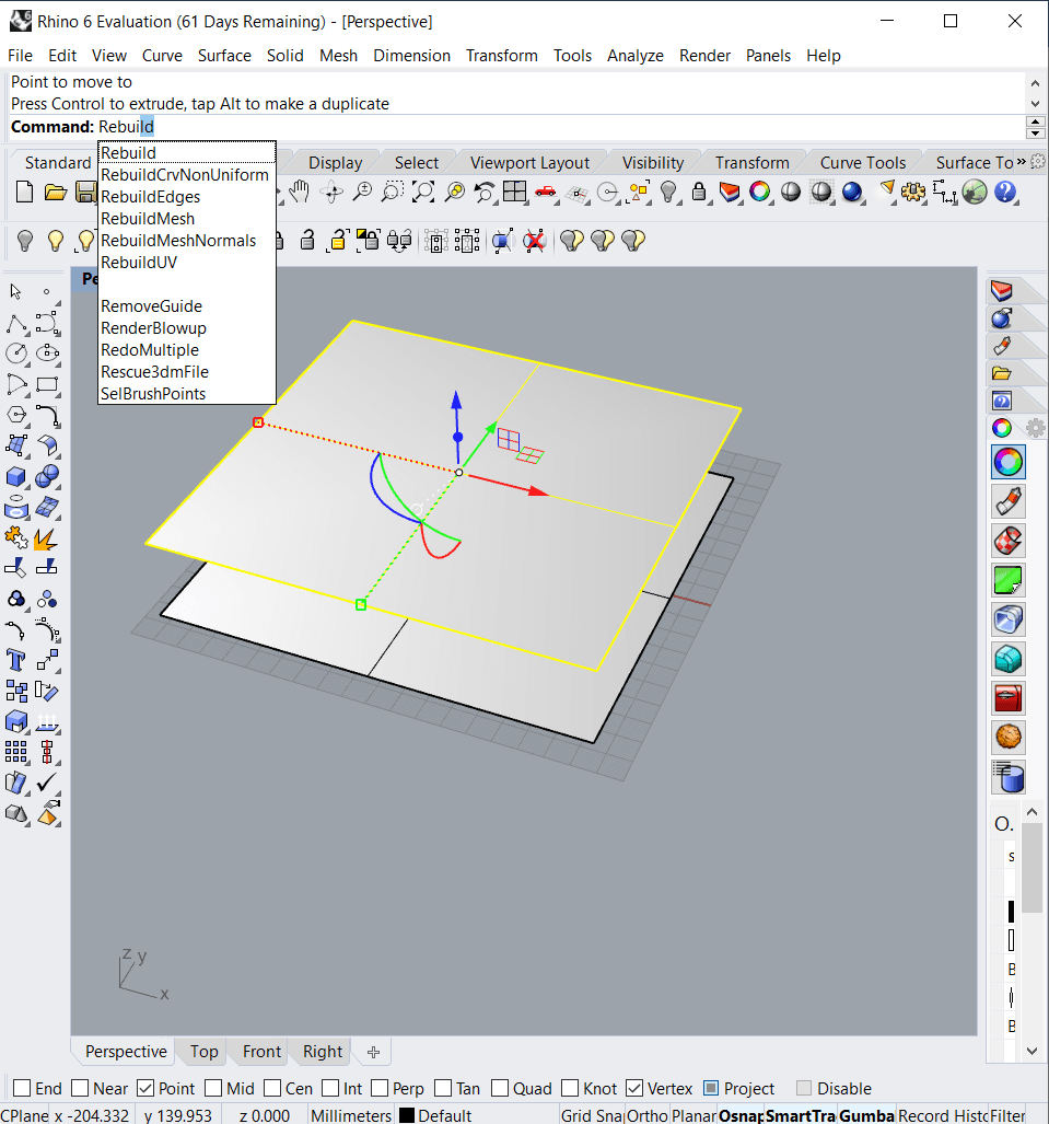 The 'Rebuild Surface' command window in Rhino.