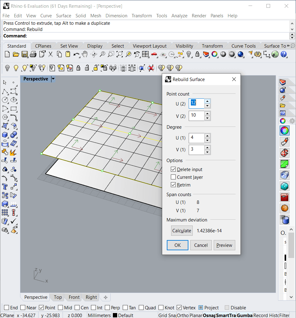 The rebuilt surface with more control points.