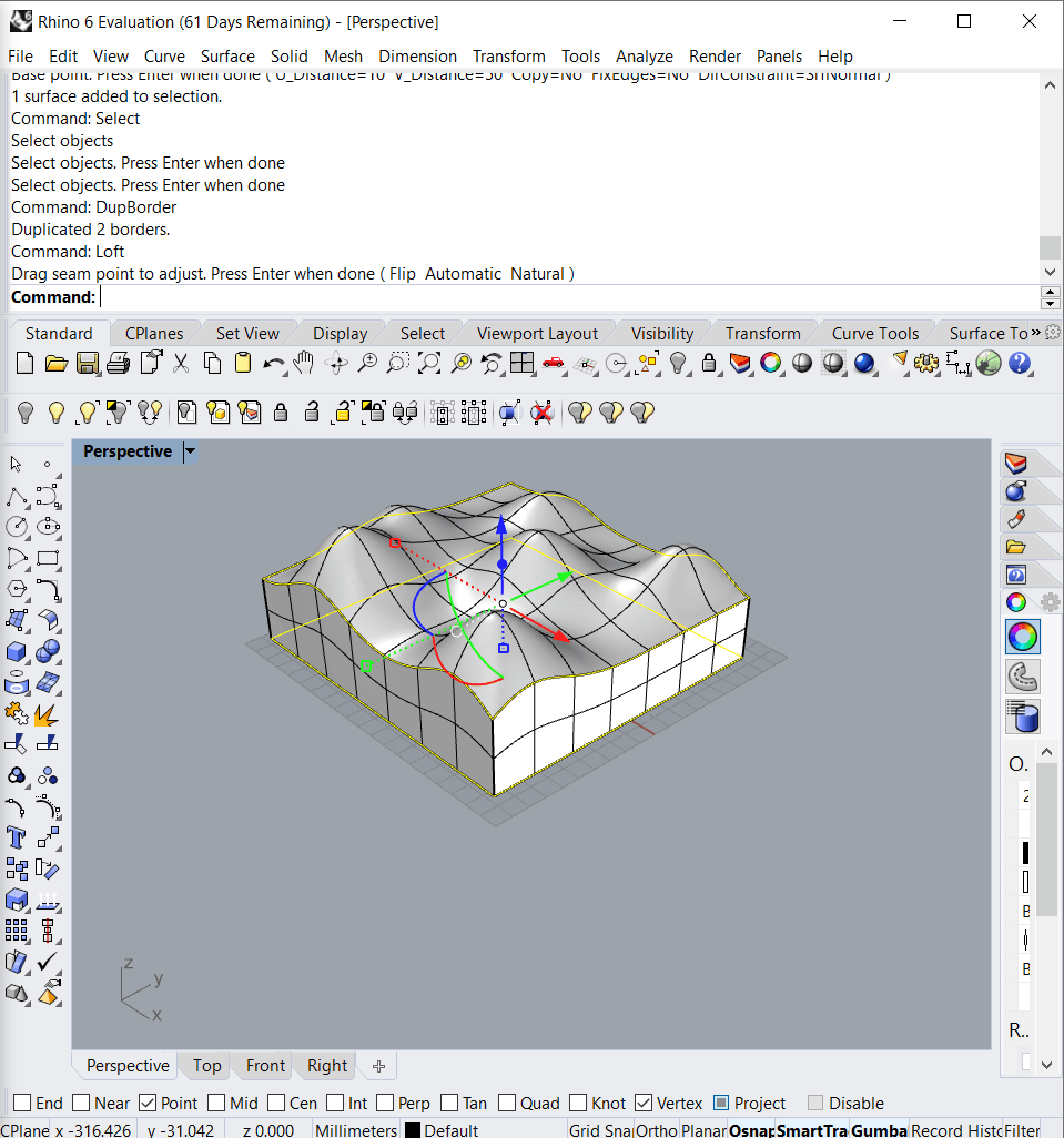 Using the 'Loft' command to create a solid shape between the two border curves.