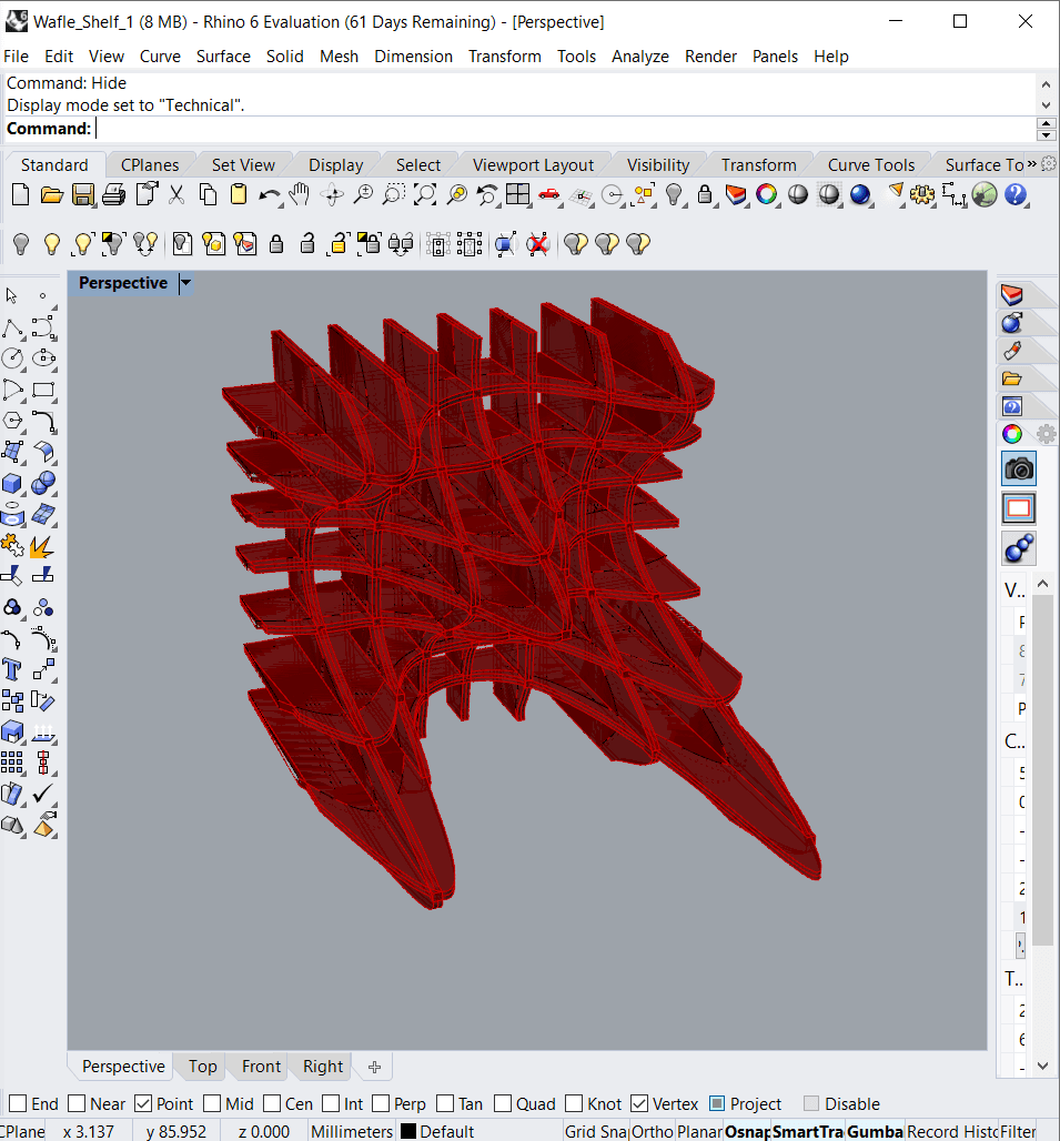 Dragging the control points of the cage to deform the shelf, with the waffle structure updating automatically.