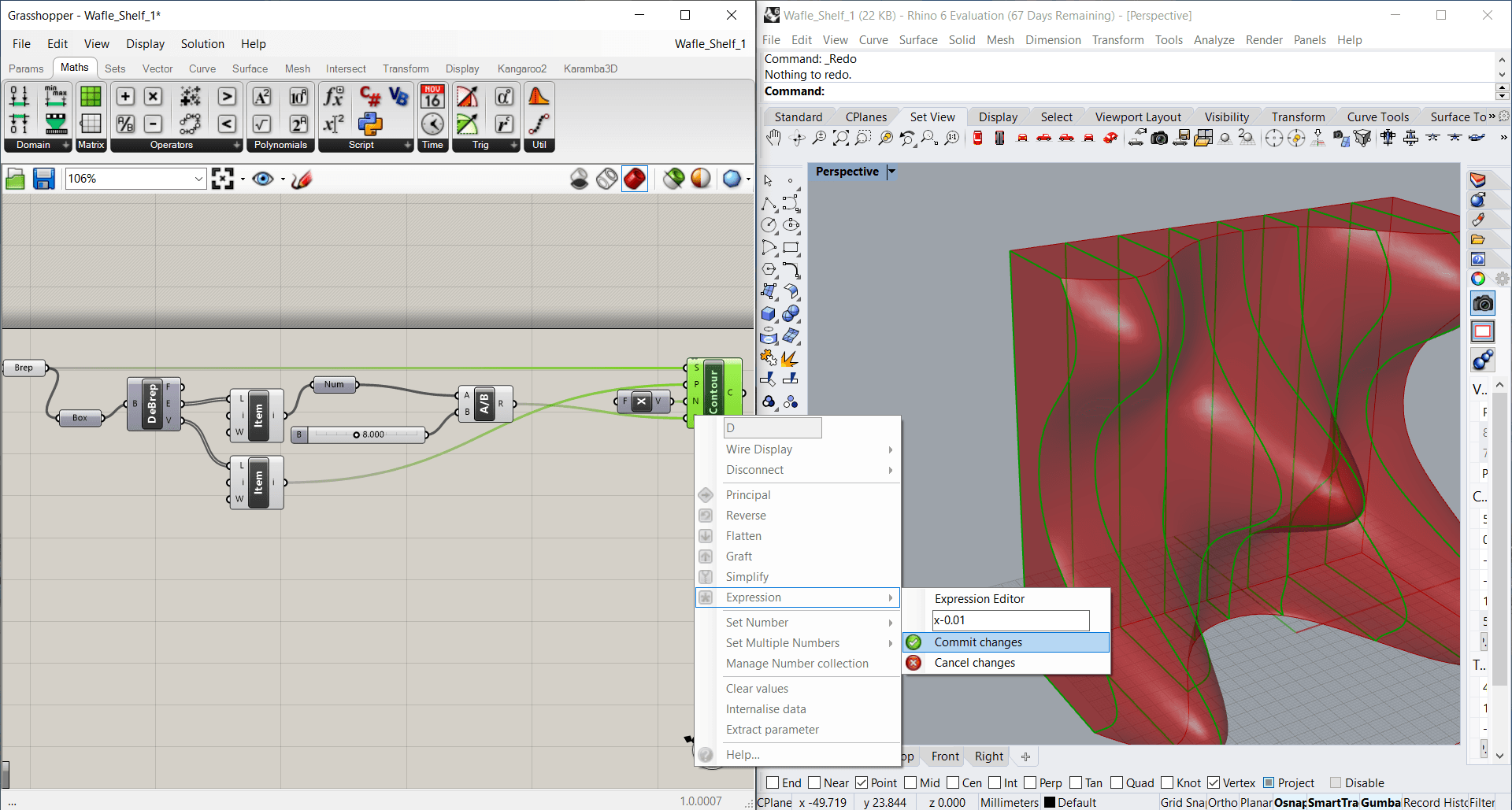 A detailed view of the Grasshopper setup for creating contour sections.