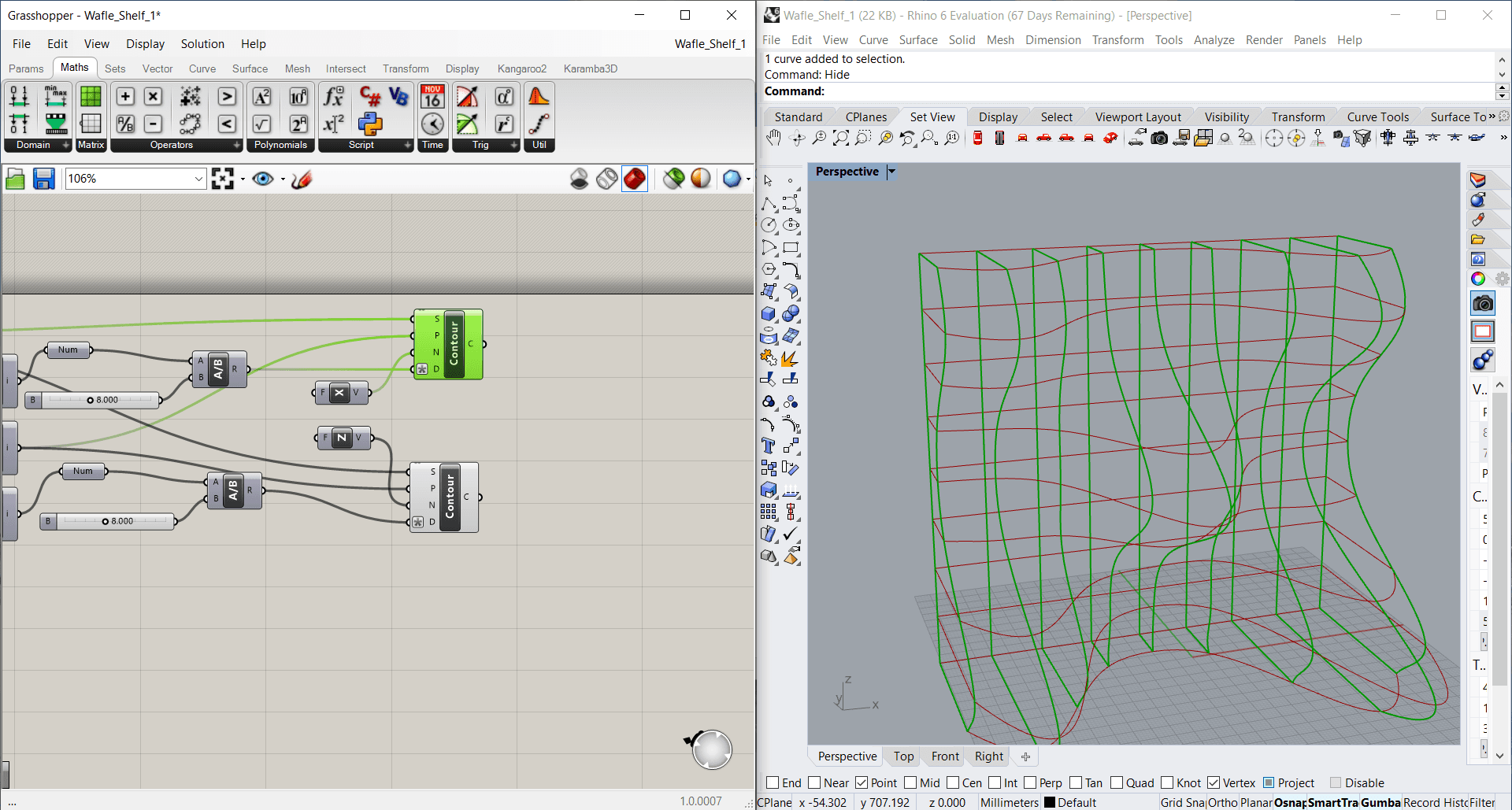 Both sets of contour lines (X and Z) shown on the Rhino model.